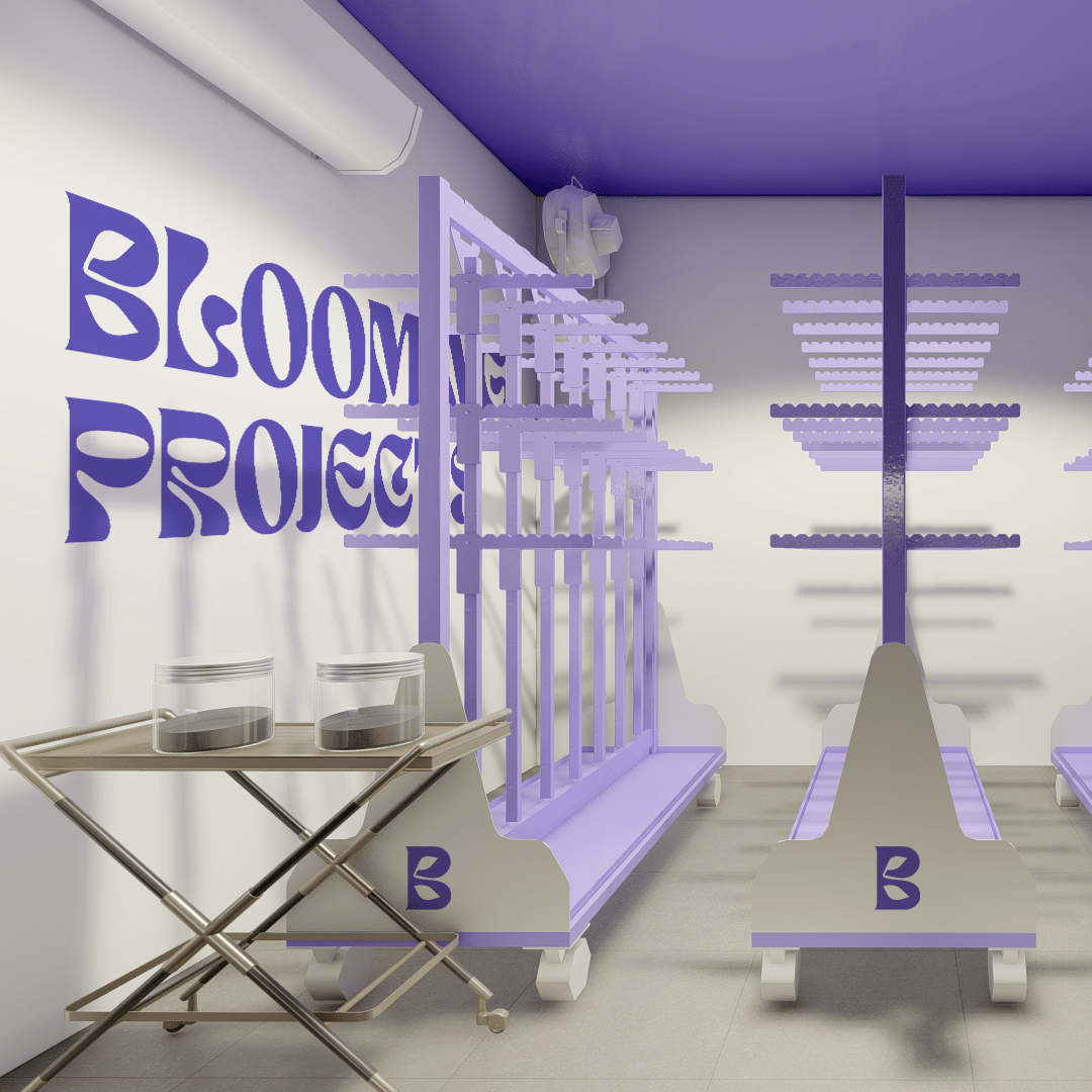 Sala de cultivo para secado con racks violetas y un mural