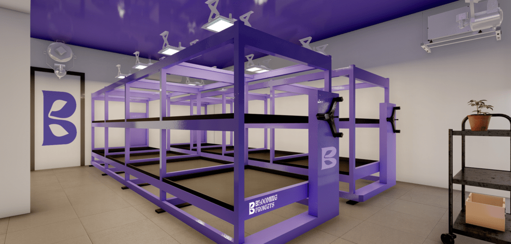 Sala de cultivo especializada con racks violetas