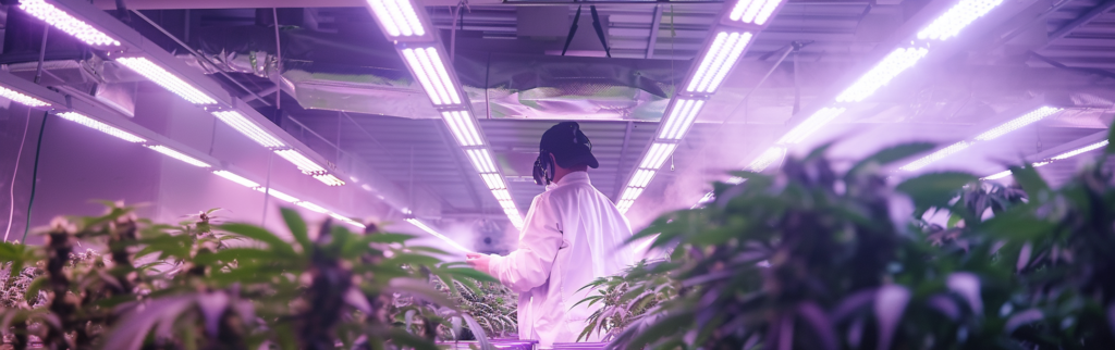 Un operario en una sala de cultivo de Cannabis
